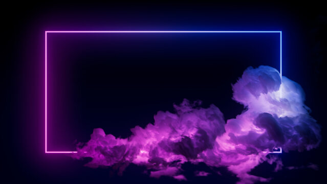 Futuristic Background Design. Cloud Formation with Pink and Blue, Rectangle shaped Neon Frame.