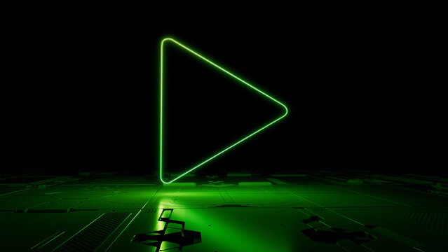 Green Media Technology Concept with play symbol as a neon light. Vibrant colored icon, on a black background with high tech floor. 3D Render