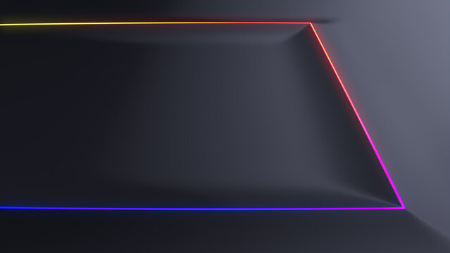 Black Surface with Embossed Shape and Rainbow Illuminated Edge. Tech Background with Neon Rectangle. 3D Render.