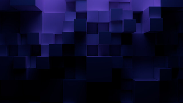 Perfectly Aligned Multisized Cube Wall. Purple and Black, Futuristic Tech Wallpaper. 3D Render.