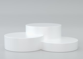 Abstract white 3D studio with realistic white cylinder pedestal podium set and shadow overlay. Minimal scene for product display presentation. Stage for showcase.