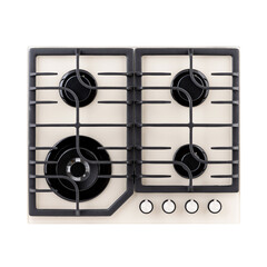 White countertop gas stove with four burners. Appliances for kitchen. Appliances. Food equipment. Kitchen Design. Interior Design. View from above. Isolate on white background. Copy space. 