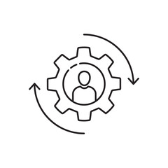 black gear icon with stick figure man inside. simple linear style trend modern cogwheel logotype graphic stroke art design isolated on white background. concept of developer sign or digital skill