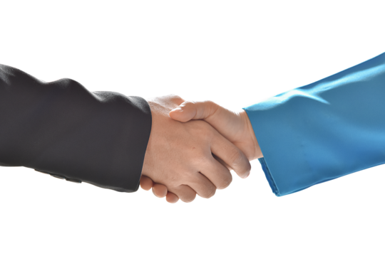 Businesswoman making handshake with a businessman isolated on transparent background, png file.