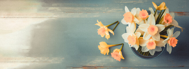 Spring easter background with top view of daffodils bouquet on light blue wooden table with copy space