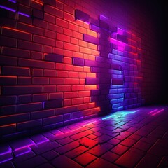 Abstract background, brick wall with neon lighting. Wallpaper or background. Generative AI.