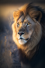 Close-up of african lion in the savannah. Wildlife animals. Generative AI.