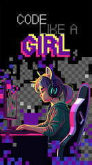 Asian girl programmer with a headset sits in front of a computer