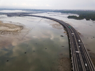 Aerial view of bridge in the sea