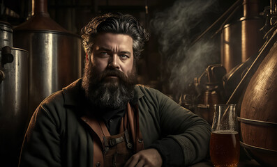 Obraz na płótnie Canvas portrait of bearded male brewer in interior of brewery. Generative AI