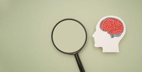 A brain shape symbol and a magnifying glass on a green background