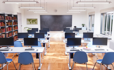 modern classroom with computers at the desks