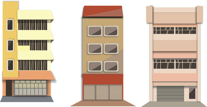 Set of different types of buildings. Vector illustration isolated on white background.