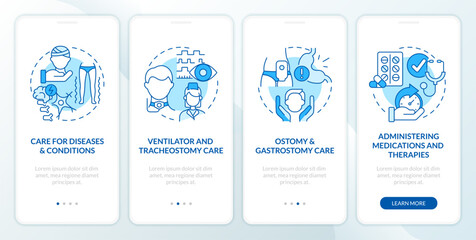 Private duty nursing care blue onboarding mobile app screen. Walkthrough 4 steps editable graphic instructions with linear concepts. UI, UX, GUI template. Myriad Pro-Bold, Regular fonts used