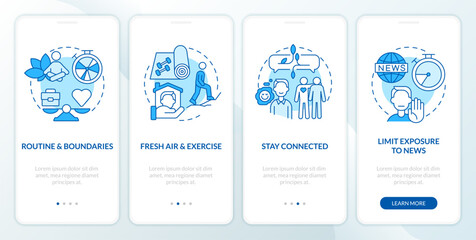 Fototapeta na wymiar Remote workplace wellbeing tips blue onboarding mobile app screen. Walkthrough 4 steps editable graphic instructions with linear concepts. UI, UX, GUI template. Myriad Pro-Bold, Regular fonts used