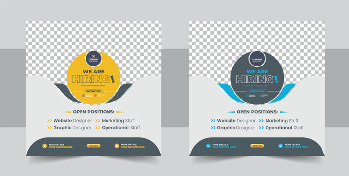 We are hiring job position square banner or social media post, Vacancy banner design finds a job, We are hiring banner, background template