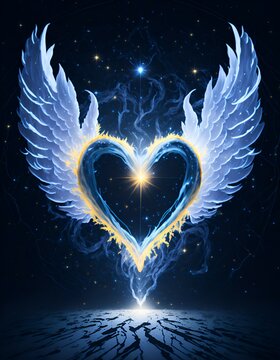 luminous heart with two wings with stars background on a starry floor