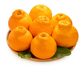 Fresh Orange fruit on whithe background, Dekopon orange or sumo mandarin tangerine on backet isolate on white with clipping path.