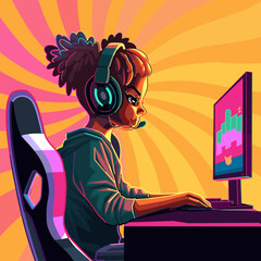African girl gamer or streamer with a headset sits in front of a computer - 578613567