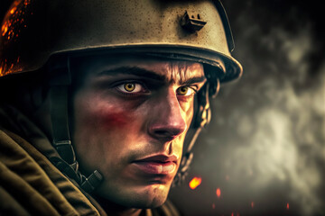 portrait of a soldier in helmet and modern ammunition on battlefield. Generative AI
