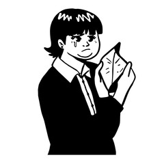 Fat female office worker cartoon has no money in her pocket