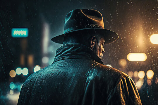 back of a male detective in a raincoat and hat in a noir-style night city. Generative AI