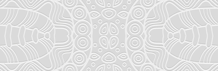 Banner, cover art design. Embossed geometric 3d pattern on a light background. Ethnic boho, handmade vintage themes of the peoples of the East, Asia, India, Mexico, Aztecs, Peru.