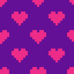 Abstract seamless pattern of pink hearts in a pixel art style.