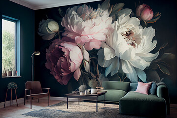 Painted wall in rese peonies.