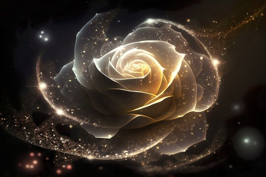 a glowing white rose captures its delicate beauty while reflecting the vastness of space, including mesmerizing nebulas and cosmic wonders.