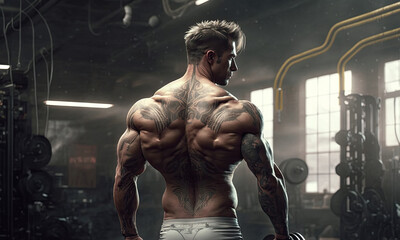 Fototapeta na wymiar portrait of a muscular male athlete in the gym. Generative AI