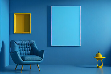 An empty room with blue armchair with copy space on blue wall background. A blank wall with a vertical poster. 