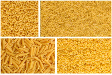 Collage of various raw dry yellow pasta.Macaroni pipe, filini vermicelli, penne pasta, small shell - Powered by Adobe