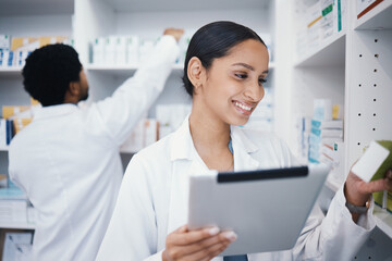 Pharmacist, woman or digital tablet for medicine check, stock take or medical research in drugs...