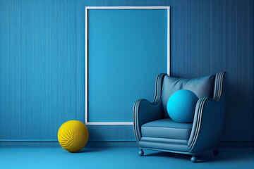 An empty room with blue armchair and pillow with copy space on blue wall background. A blank wall with a vertical poster. 