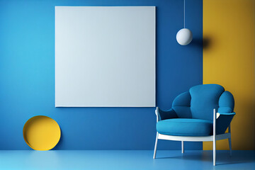 An empty room with blue armchair and hanging lamp with copy space on empty blue wall background. A blank wall with a vertical poster. 