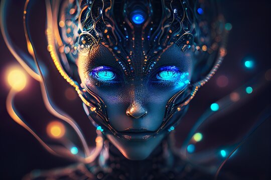 a blue-hued digital portrait, an alien head is depicted as it connects to a supercomputer, hinting at the boundless possibilities of alien intelligence and technological advancement.
