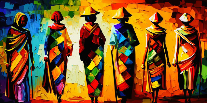 Abstract painting concept. Colorful art of an African women. African culture. Generative AI.