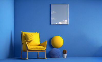 Interior room with a yellow armchair, pillows and plants with copy space on empty blue wall background. A blank wall with a vertical poster. 