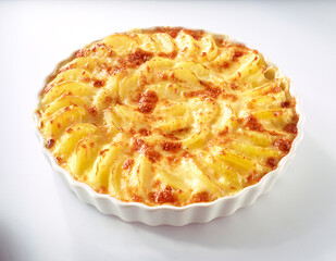 Kartoffelgratin mit Kaese auf weissem Fond