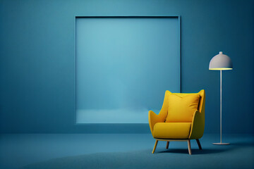Interior room with a yellow armchair with copy space on blue wall background. 