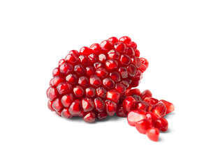 Peeled slice of a pomegranate with large grains on a white background close-up.