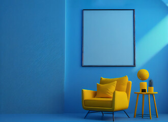 Interior room with a yellow armchair, pillows and plants with copy space on empty blue wall background. A blank wall with a vertical poster. Generative Ai.