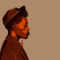 Portrait of an afro american transgender man. Gay in a hat and women's clothing. Side view.