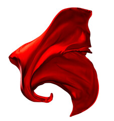 Red Silk Cloth flying in Air. Satin Fabric floating on wind over White isolated Background....