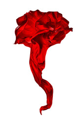 Red Silk Fabric Flying on Wind. Chiffon Scarf waving as Flower over White isolated Background. Satin Textile Rose Art floating in Air