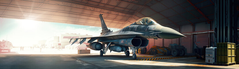 interior view of a generic military fighter jet parked inside a military barracks or hangar as wide banner with copyspace area for world war conflict and air force concepts - Generative AI