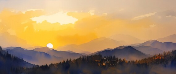 Naklejka na ściany i meble Watercolor mountain autumn landscape with snowy peaks. Panorama. Generative AI.