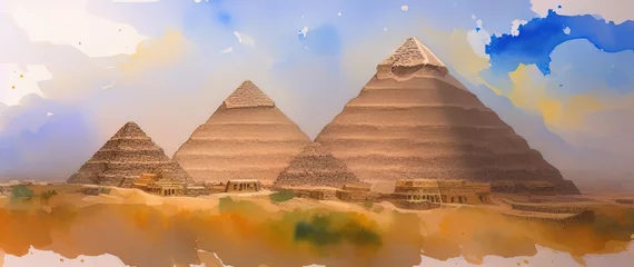 Foto op Canvas Watercolor drawing of the Giza plateau with the great pyramids in Egypt. Generative AI. © Valentina Watercolor