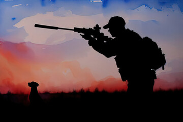 Fototapeta na wymiar Watercolor illustration of a man with weapons in his hands, a hunter with a dog. Generative AI.